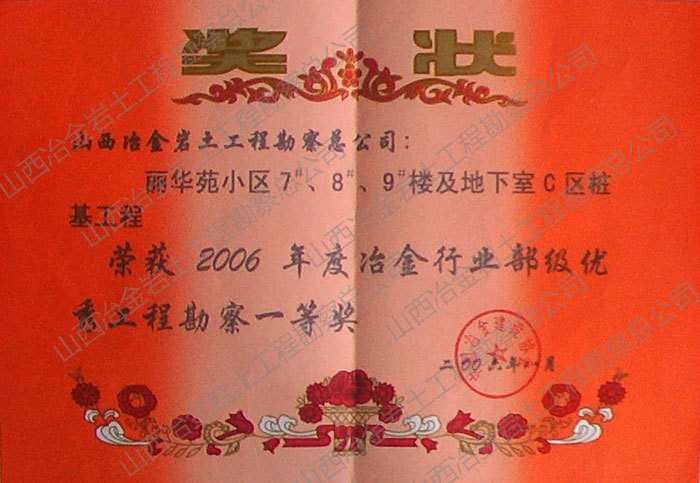 2006年冶金行业部级优秀勘察一等奖