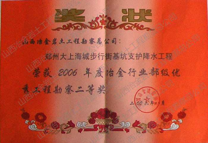 2006年冶金行业部级优秀勘察二等奖